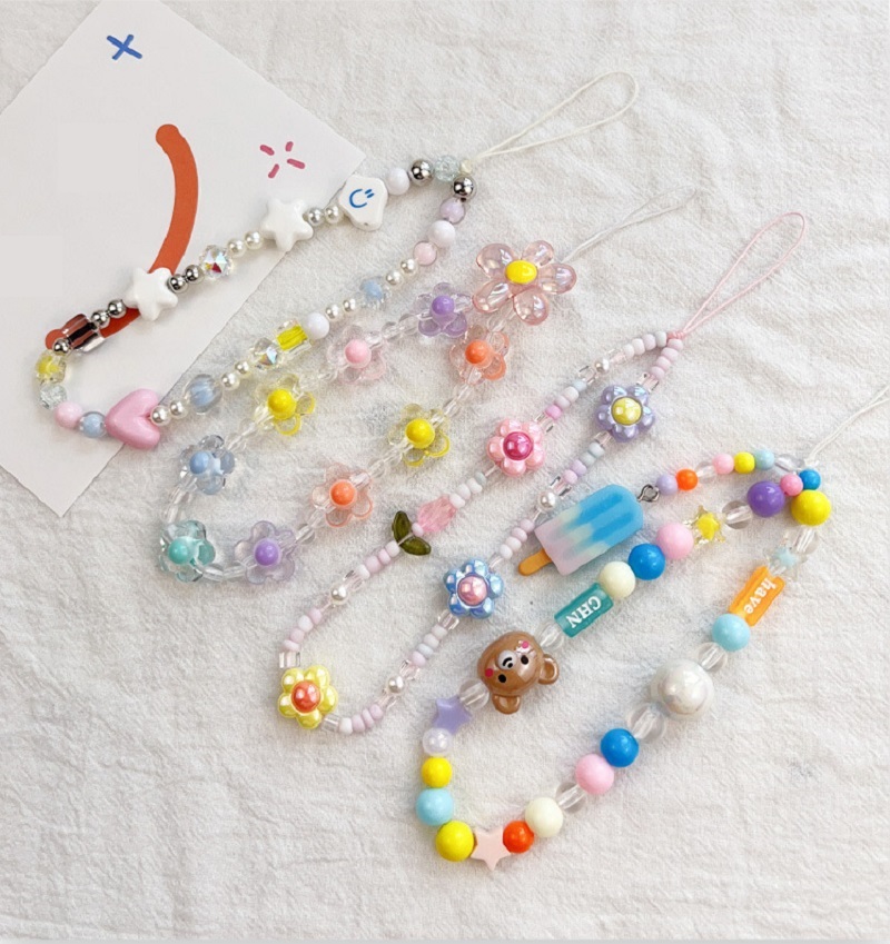 Phone Cases With Charms - สายโซ่โทรศัพท์มือถือลูกปัดลายดอกไม้ทิวลิปสำหรับผู้หญิงเคสโทรศัพท์อะคริลิคน่ารักสายสายคล้องแขวนสายคล้องโทรศัพท์ทำมือ