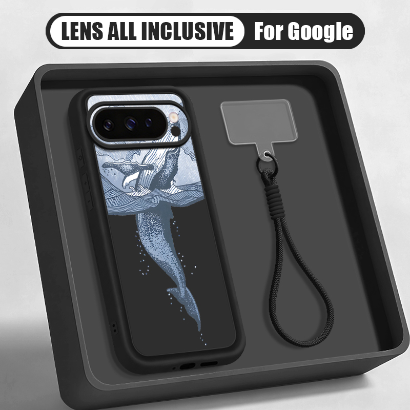 Phone Cases Google Pixel 9 - เคสโทรศัพท์ซิลิโคนนิ่มลายปลาวาฬหลังโค้ง พร้อมสายคล้องข้อมือ สำหรับ Google Pixel 10