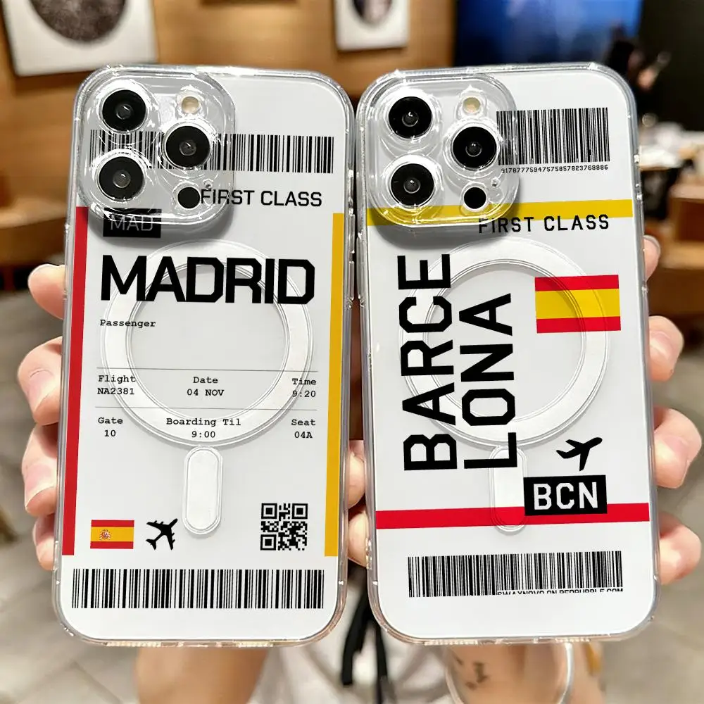 Phone Cases Magnetic - เคสโทรศัพท์ลายตั๋วเครื่องบินท่องเที่ยวสเปน สำหรับ iPhone 17 16 15